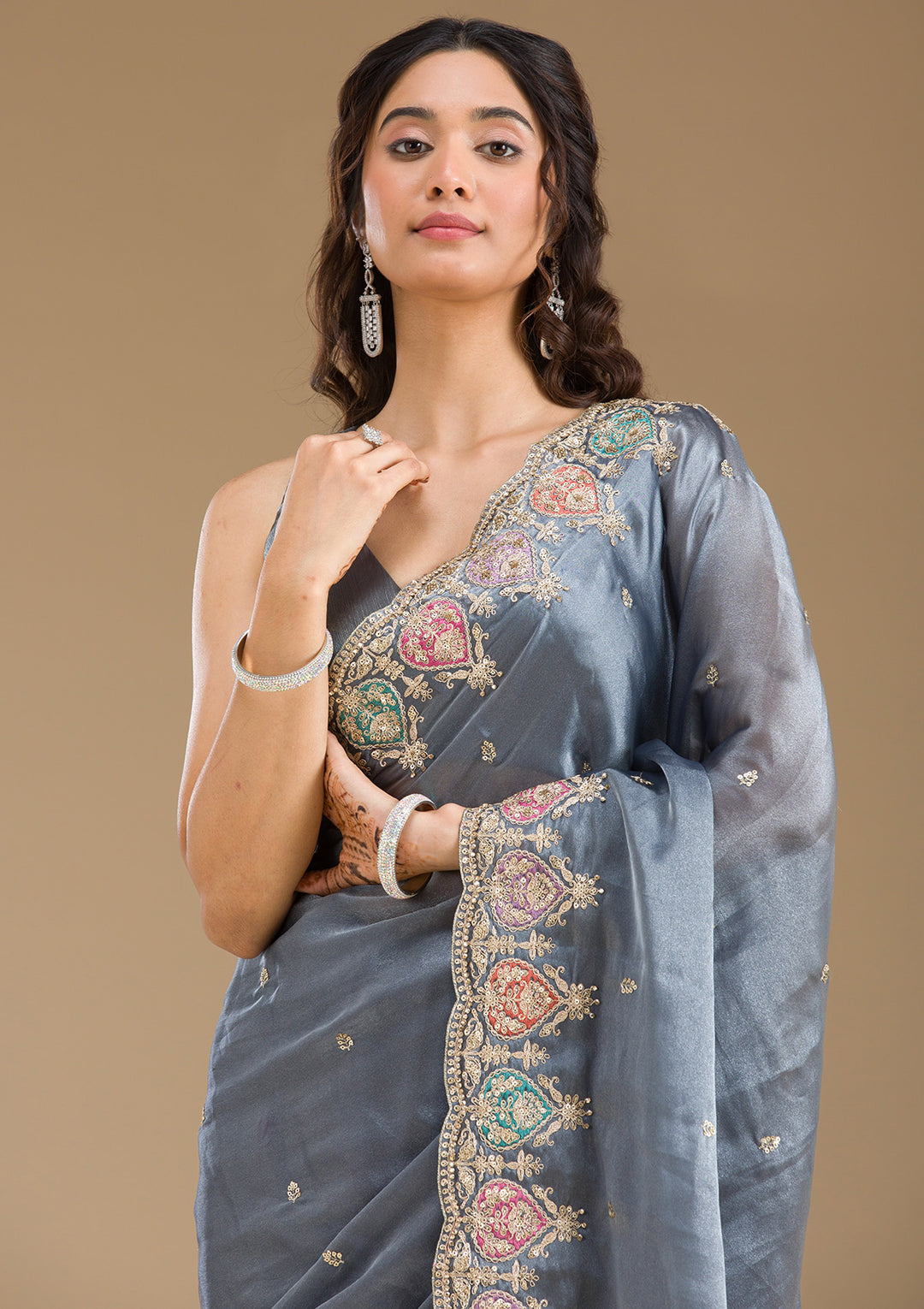 Grey Tissue Gold Zariwork Saree With Matching Blouse Piece