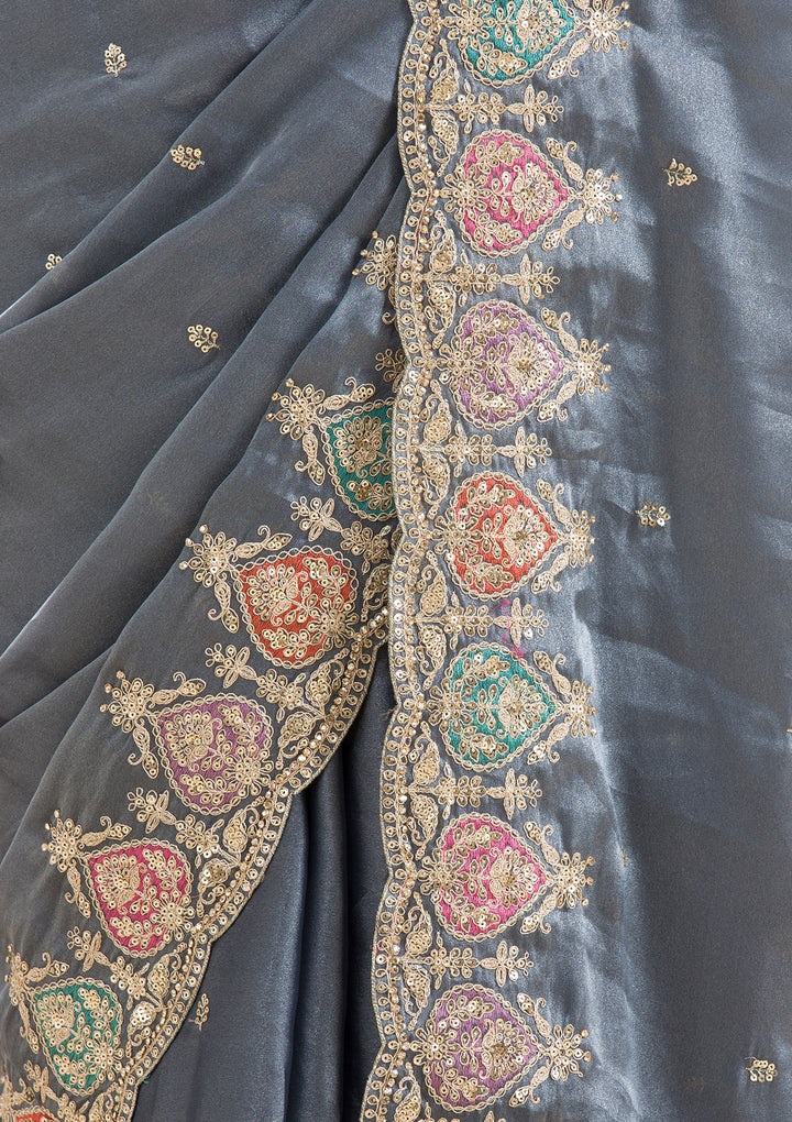 Grey Tissue Gold Zariwork Saree With Matching Blouse Piece