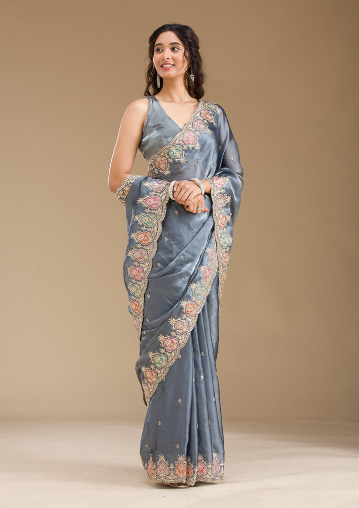 Grey Tissue Gold Zariwork Saree With Matching Blouse Piece