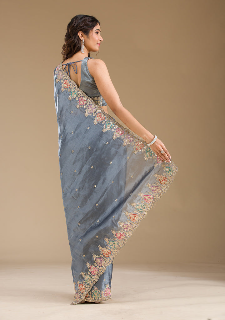 Grey Tissue Gold Zariwork Saree With Matching Blouse Piece