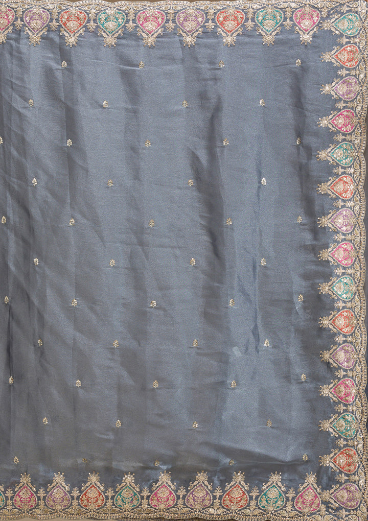 Grey Tissue Gold Zariwork Saree With Matching Blouse Piece