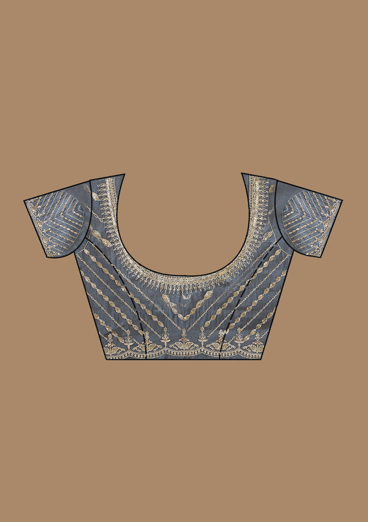 Grey Tissue Gold Zariwork Saree With Matching Blouse Piece