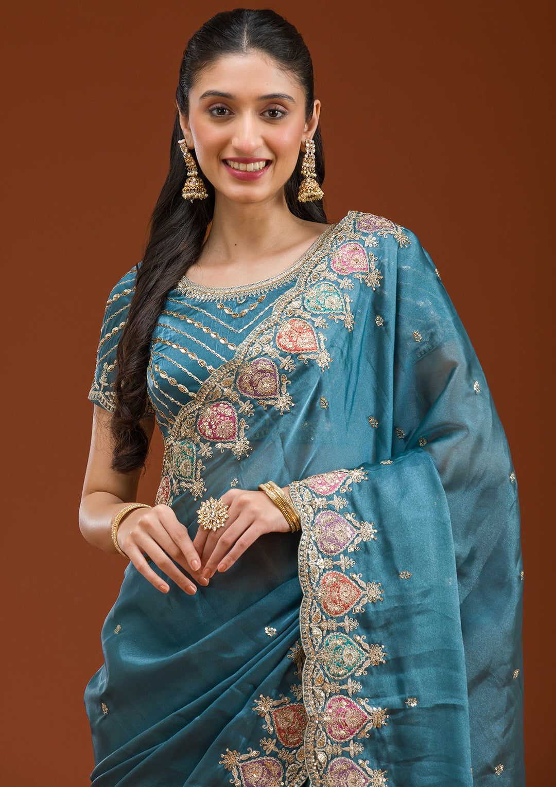 Peacock Blue Tissue Gold Zariwork Saree With Matching Blouse Piece
