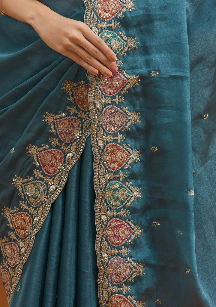 Peacock Blue Tissue Gold Zariwork Saree With Matching Blouse Piece