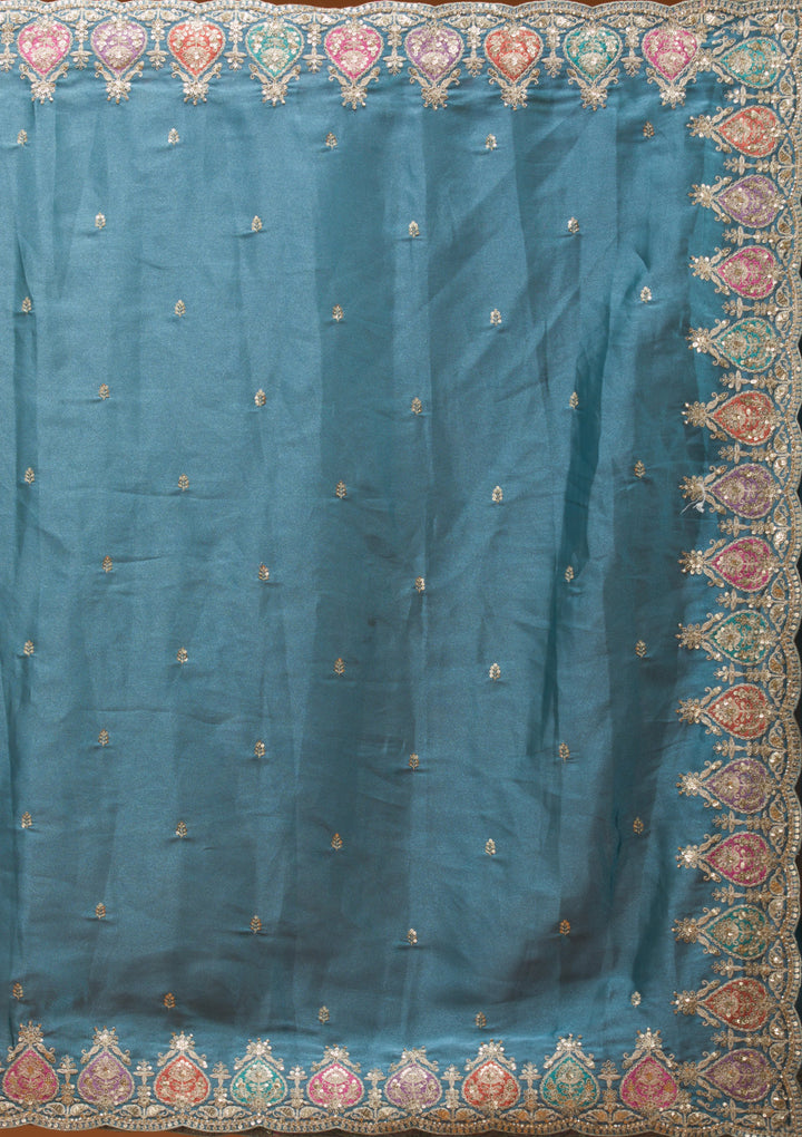 Peacock Blue Tissue Gold Zariwork Saree With Matching Blouse Piece
