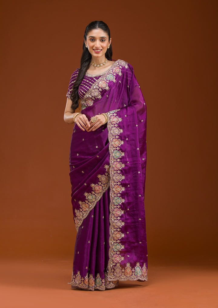 Purple Tissue Gold Zariwork Saree With Matching Blouse Piece