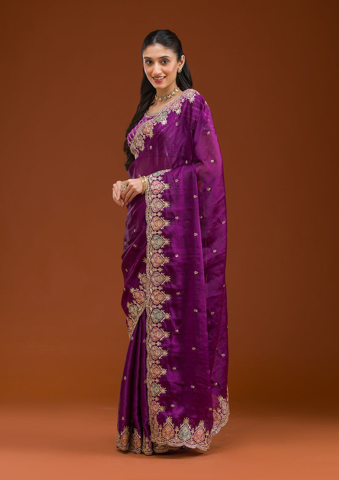 Purple Tissue Gold Zariwork Saree With Matching Blouse Piece