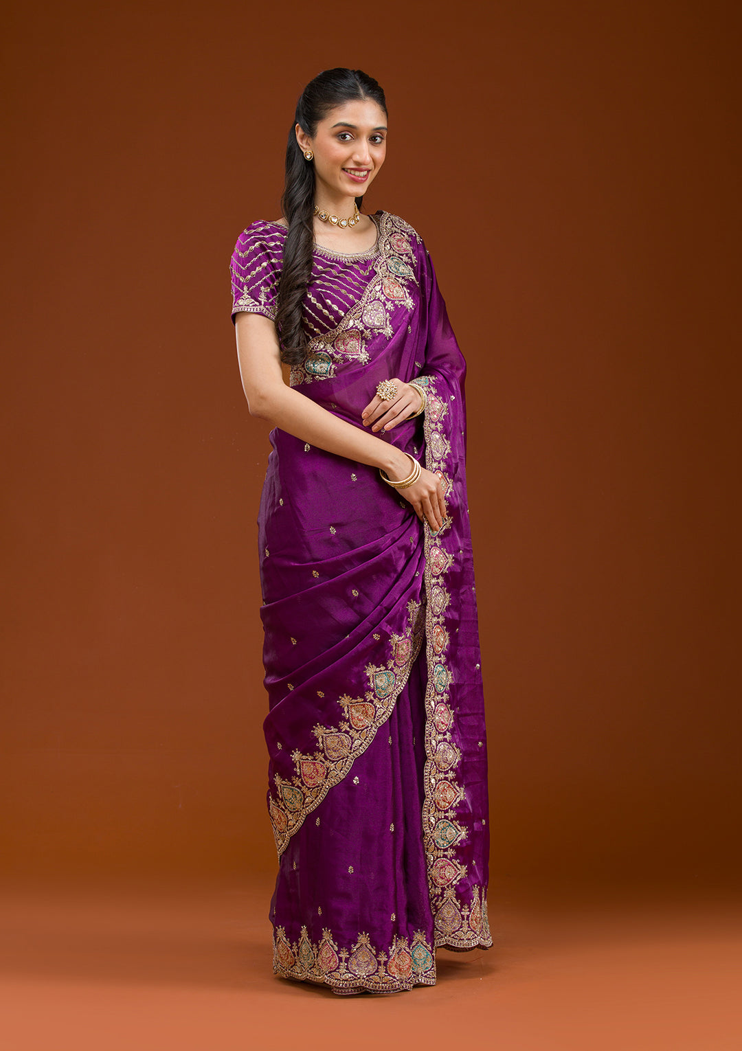 Purple Tissue Gold Zariwork Saree With Matching Blouse Piece