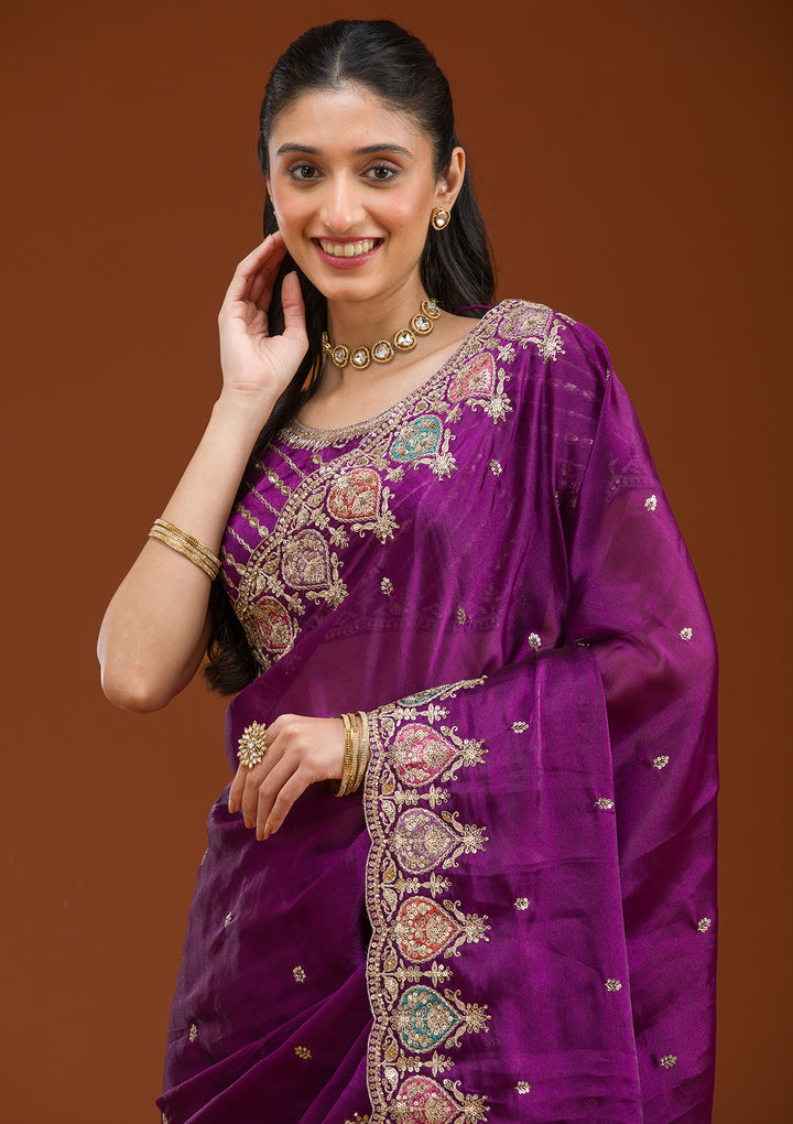 Purple Tissue Gold Zariwork Saree With Matching Blouse Piece