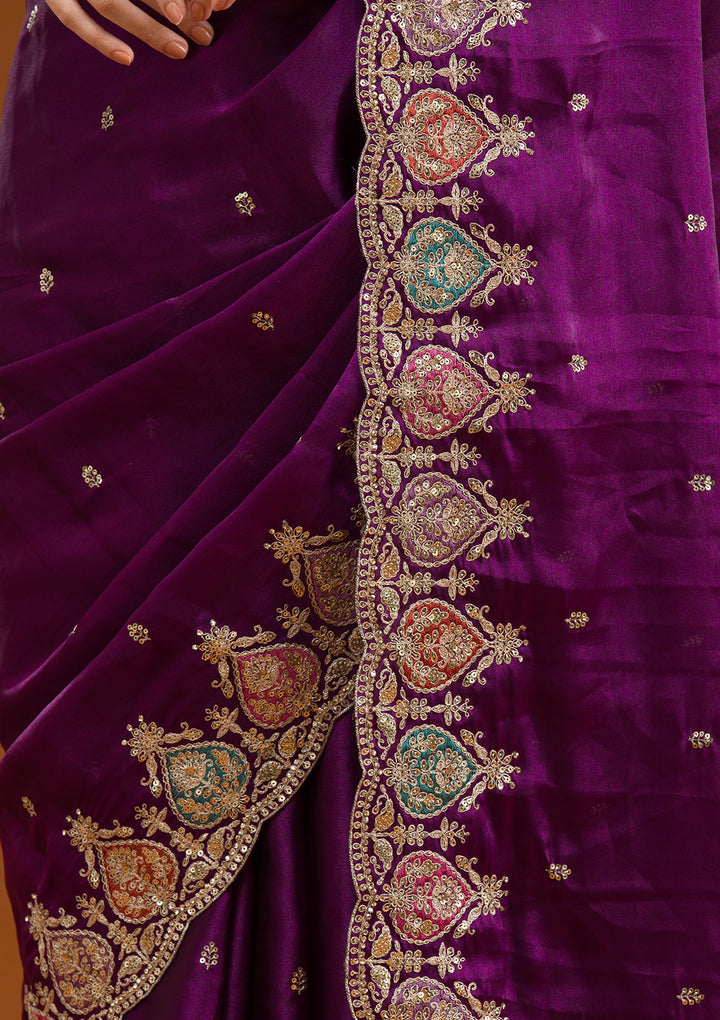 Purple Tissue Gold Zariwork Saree With Matching Blouse Piece