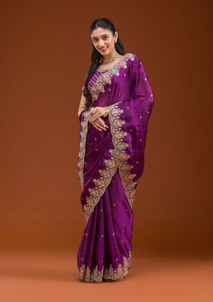 Purple Tissue Gold Zariwork Saree With Matching Blouse Piece