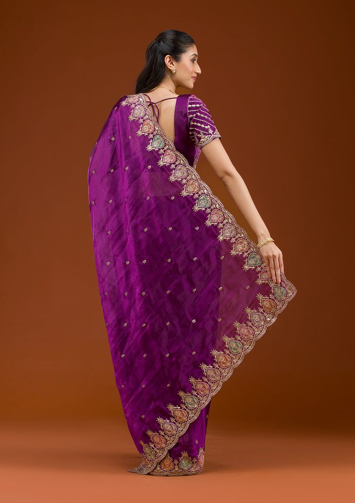 Purple Tissue Gold Zariwork Saree With Matching Blouse Piece