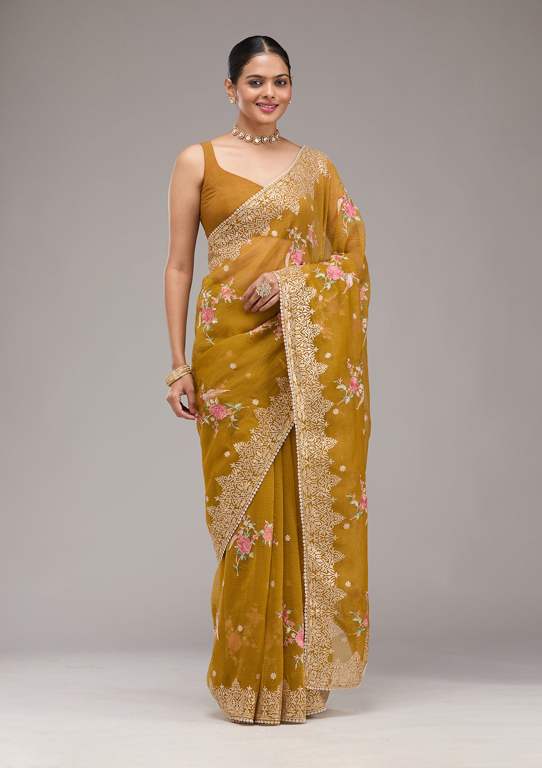 Mustard Tissue Threadwork Saree With Matching Blouse Piece