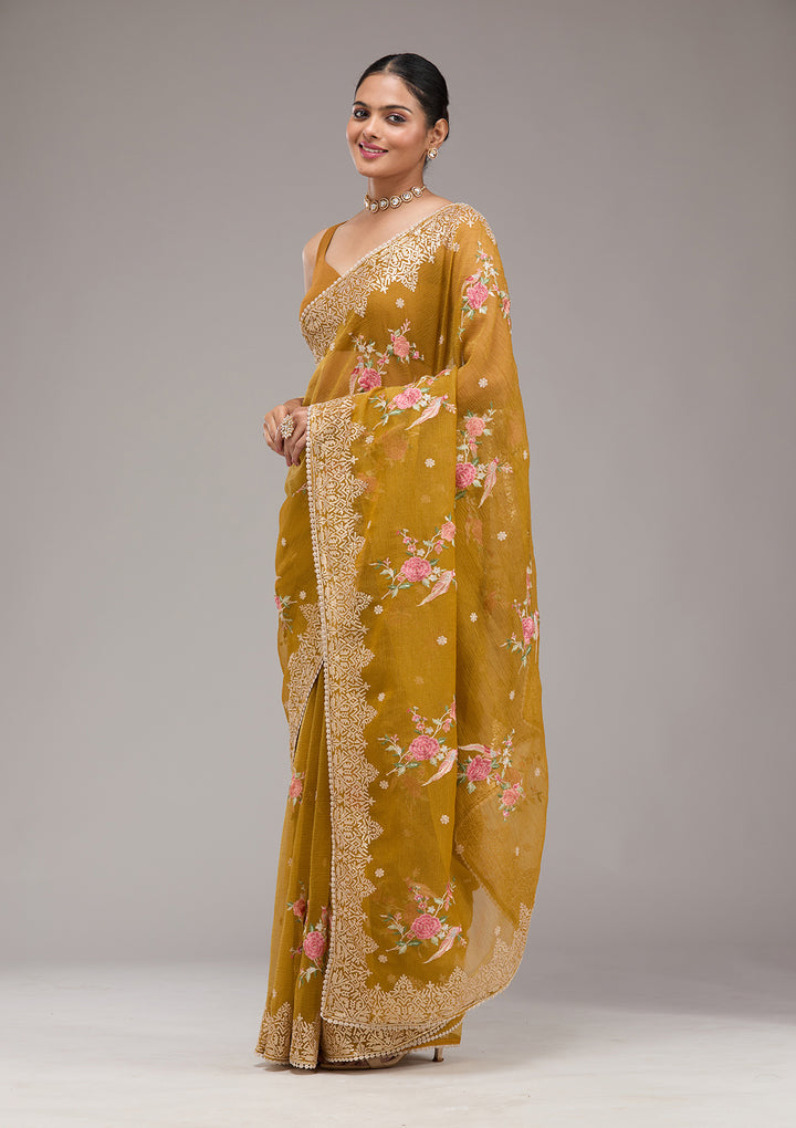 Mustard Tissue Threadwork Saree With Matching Blouse Piece