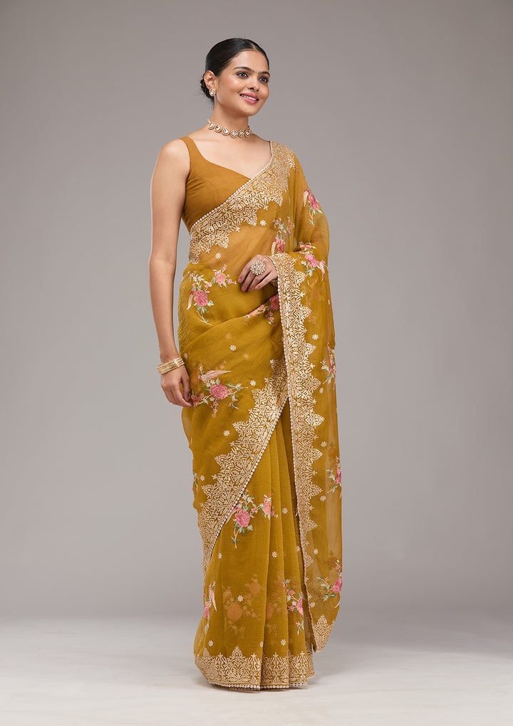 Mustard Tissue Threadwork Saree With Matching Blouse Piece
