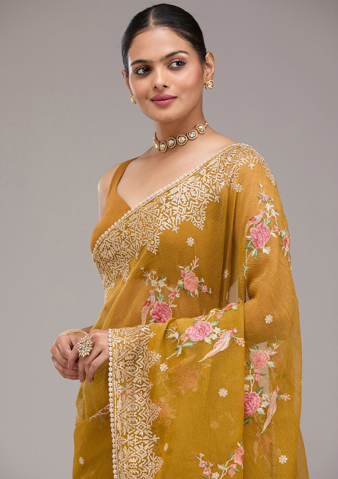 Mustard Tissue Threadwork Saree With Matching Blouse Piece