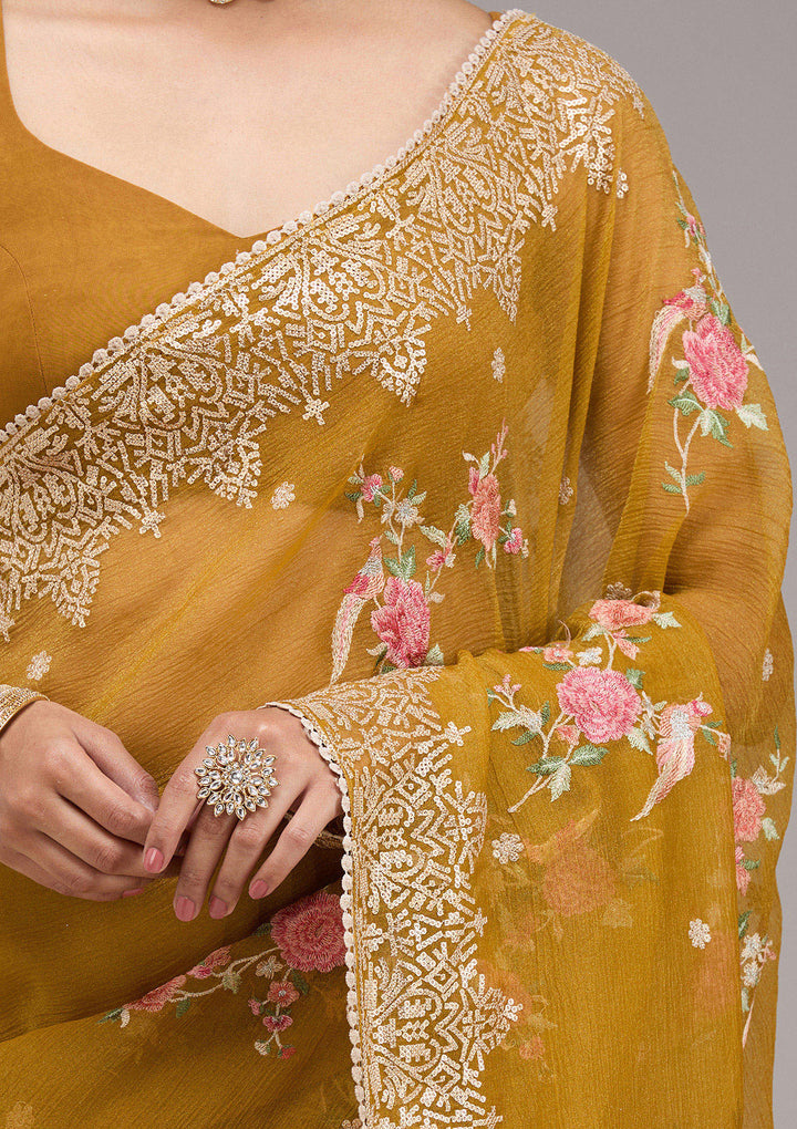 Mustard Tissue Threadwork Saree With Matching Blouse Piece