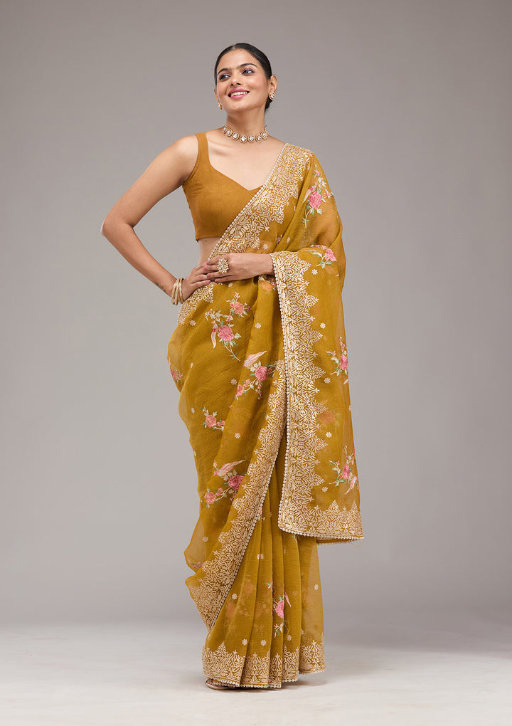 Mustard Tissue Threadwork Saree With Matching Blouse Piece