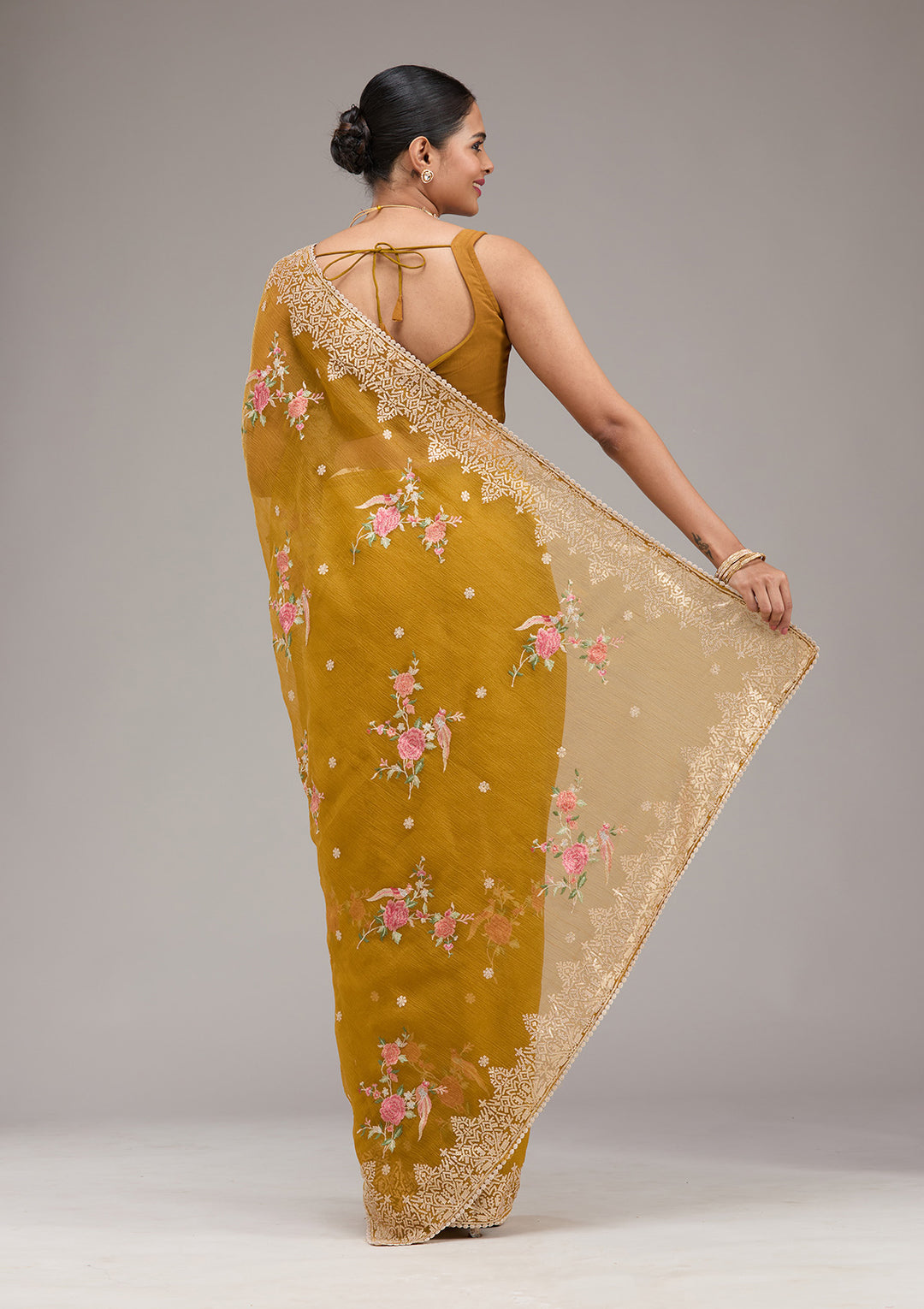 Mustard Tissue Threadwork Saree With Matching Blouse Piece