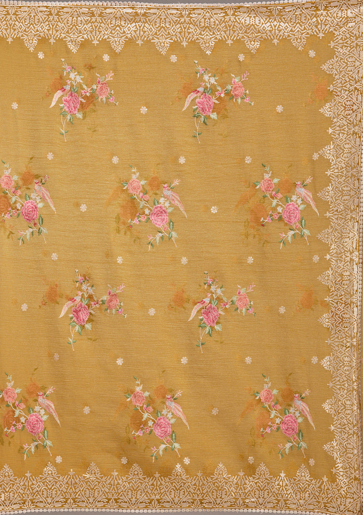 Mustard Tissue Threadwork Saree With Matching Blouse Piece