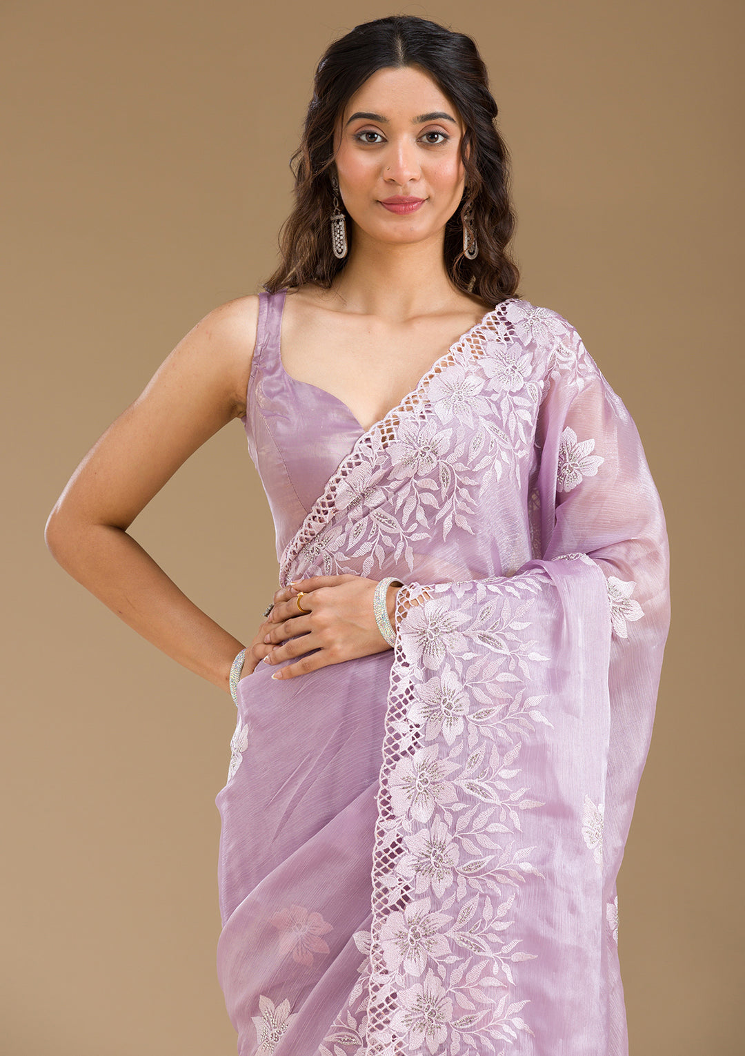 Lavender Stonework Tissue Saree