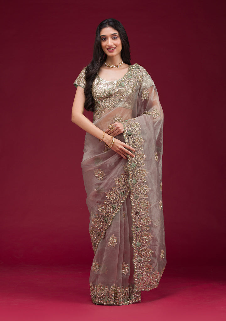 Sea Green Sequins Tissue Saree