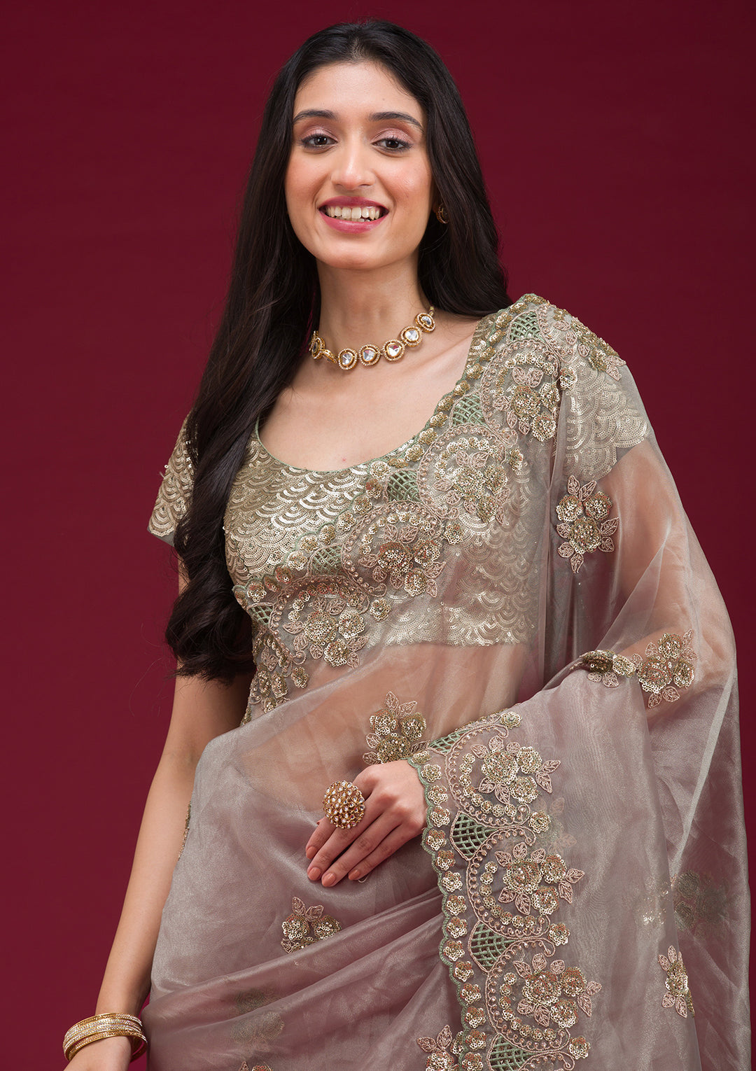 Sea Green Sequins Tissue Saree