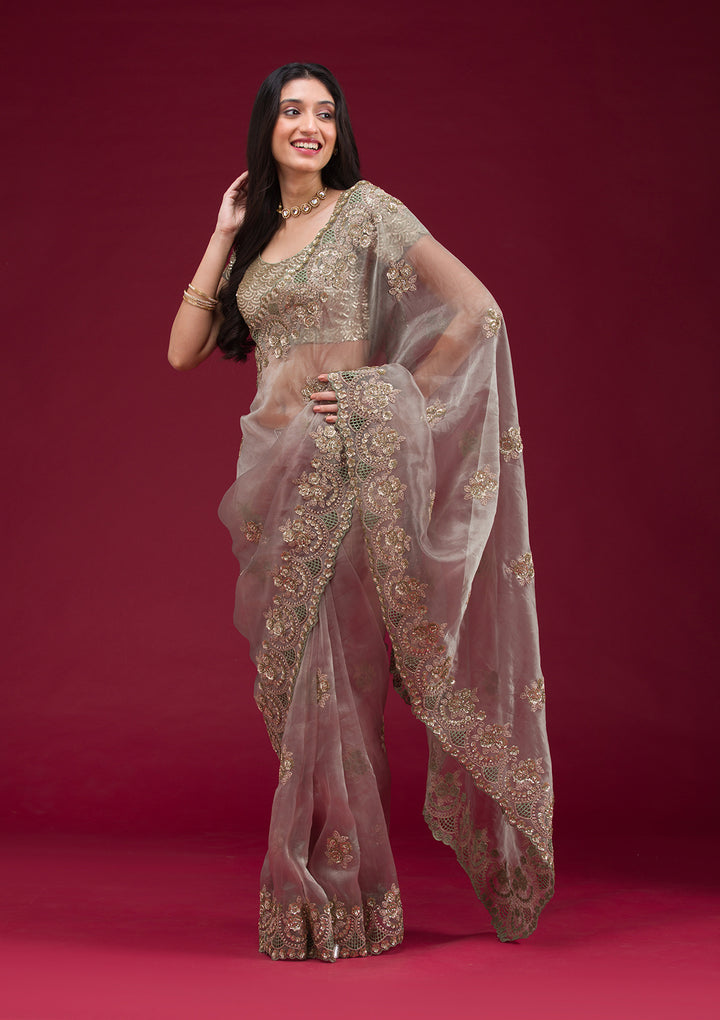 Sea Green Sequins Tissue Saree