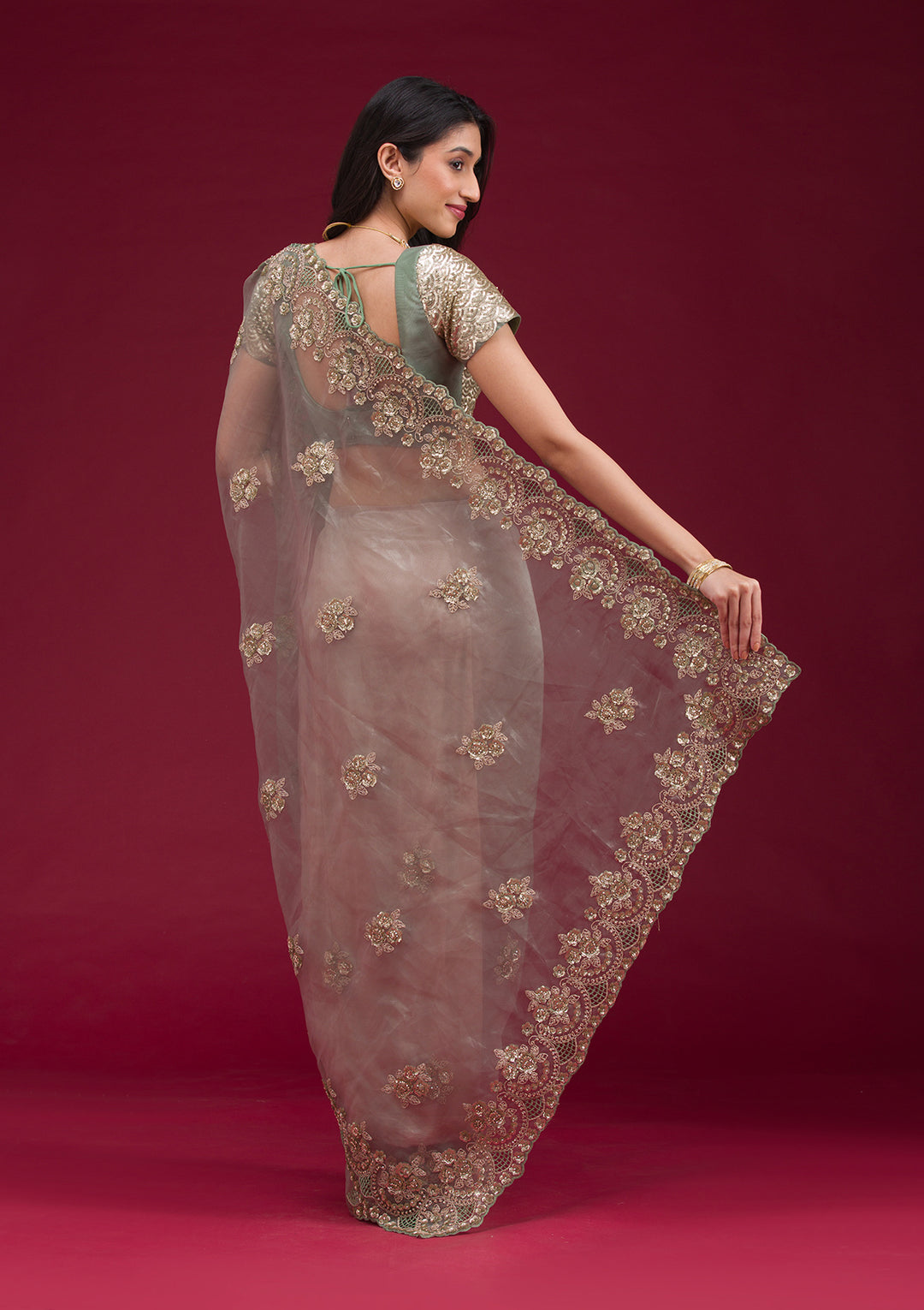 Sea Green Sequins Tissue Saree