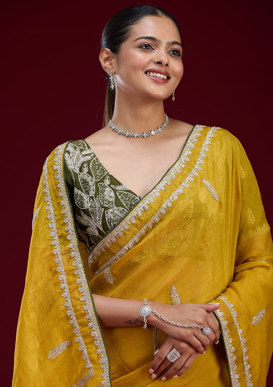 Mustard Sequins Tissue Saree