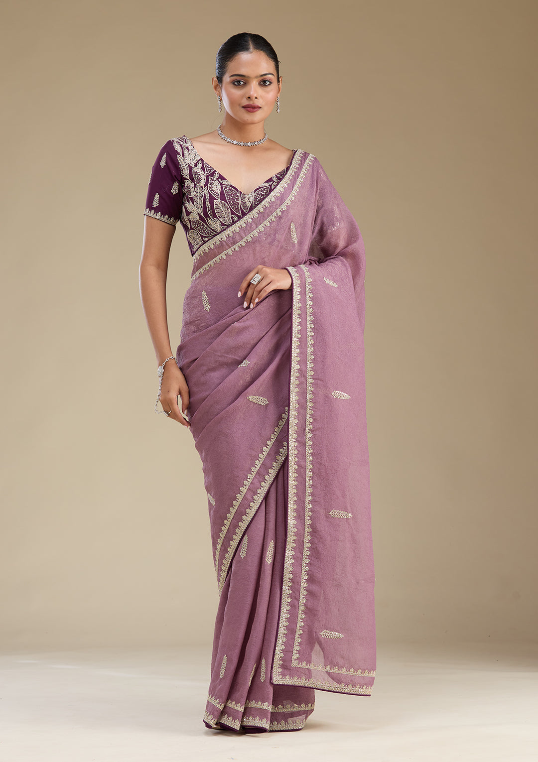 Purple Sequins Tissue Saree