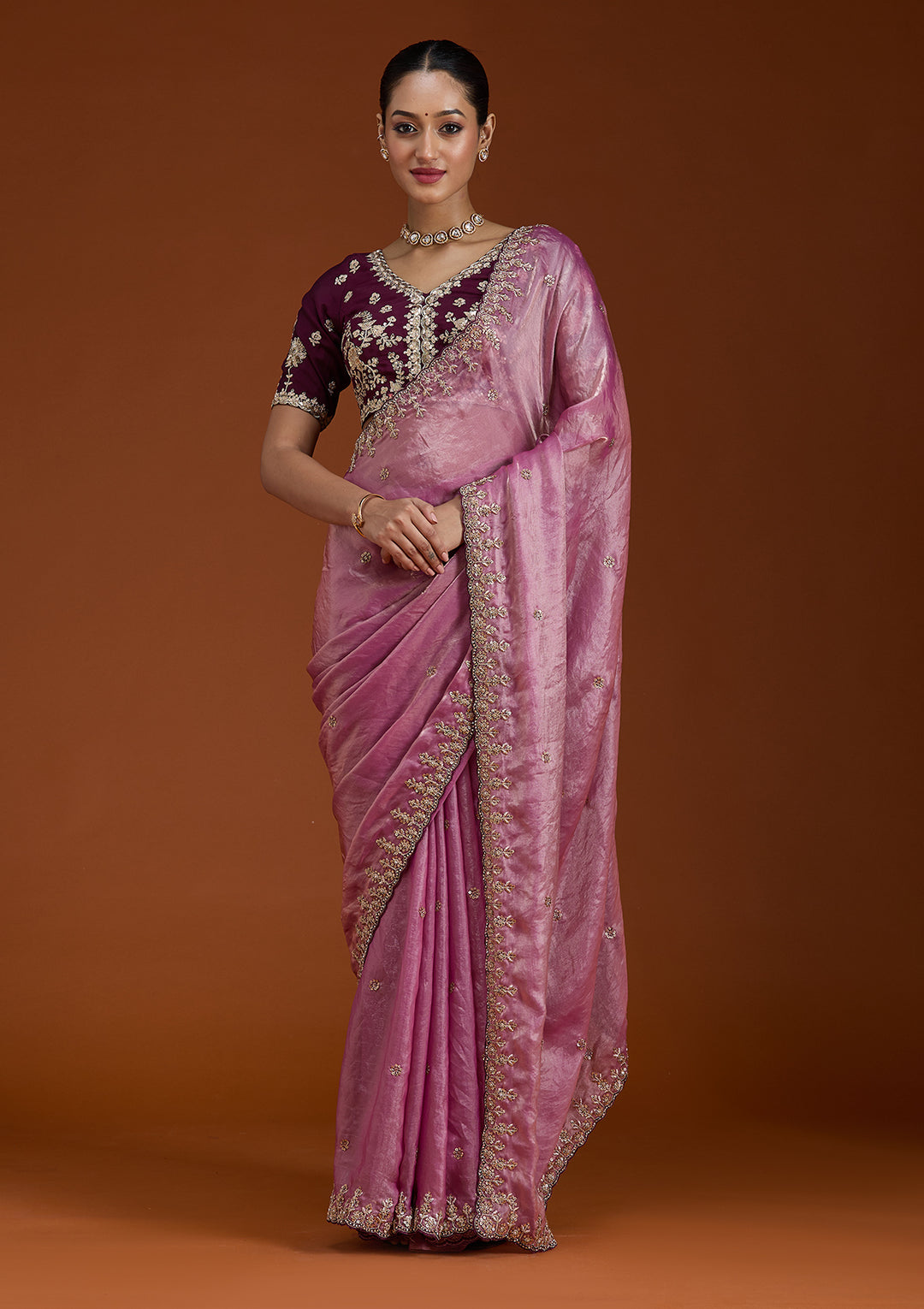 Onion Pink Sequins Tissue Saree