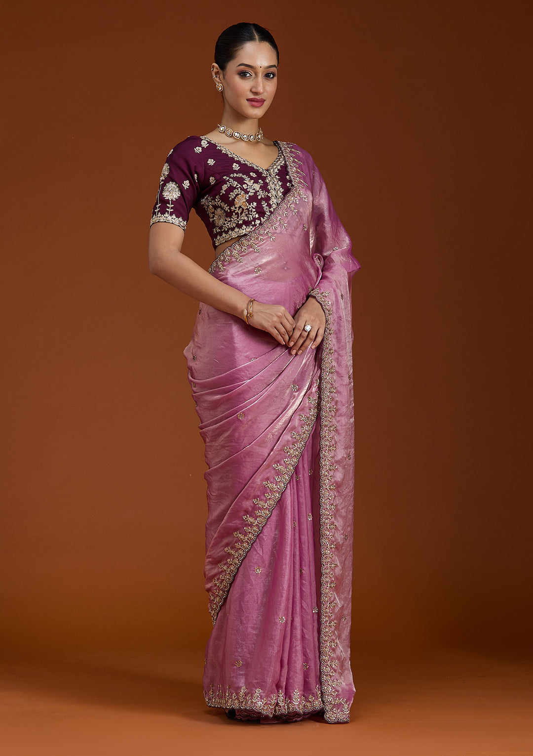 Onion Pink Sequins Tissue Saree