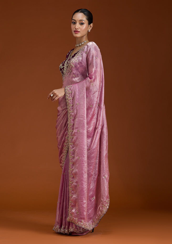 Onion Pink Sequins Tissue Saree