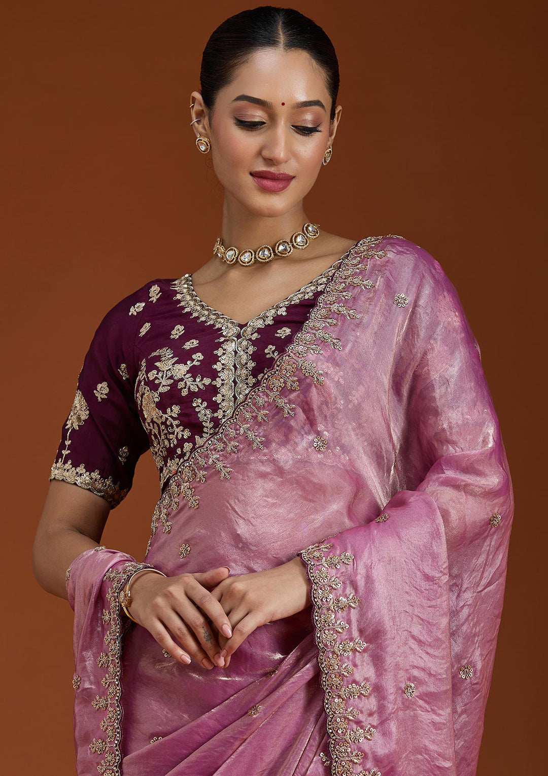 Onion Pink Sequins Tissue Saree