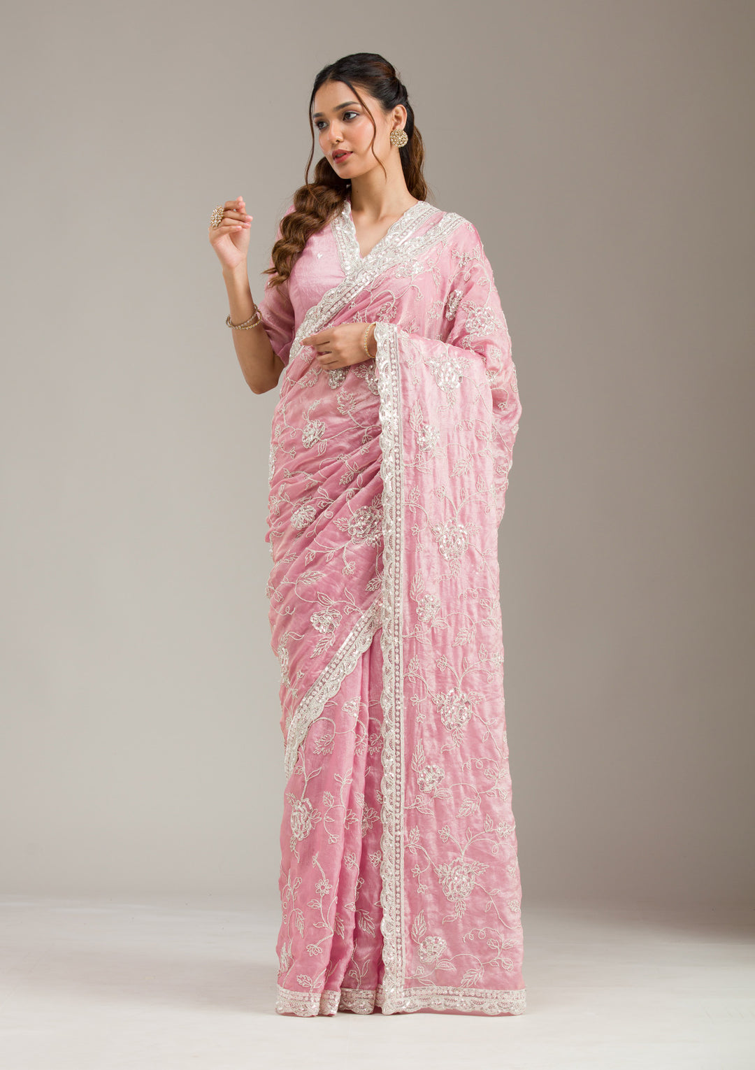 Baby Pink Tissue Cording Saree With Matching Blouse Piece