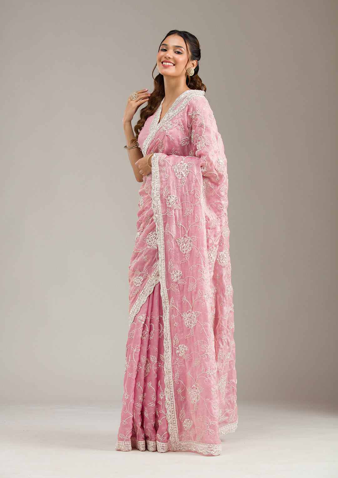 Baby Pink Tissue Cording Saree With Matching Blouse Piece