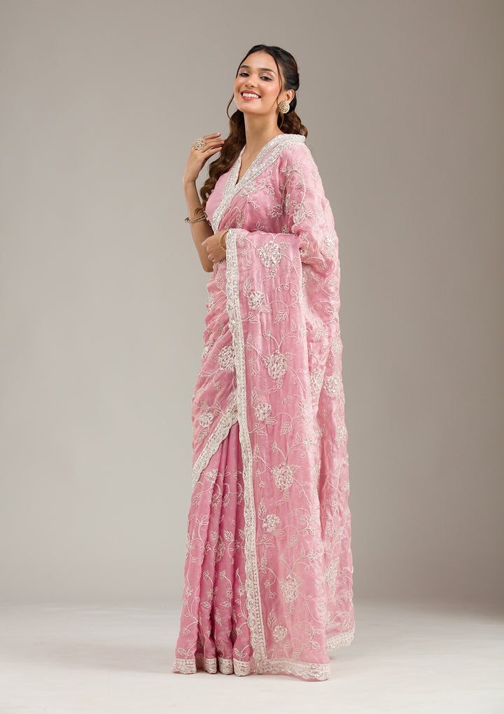 Baby Pink Tissue Cording Saree With Matching Blouse Piece