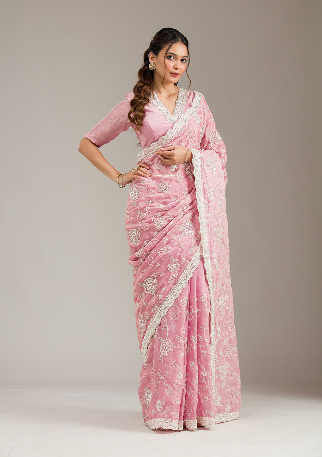 Baby Pink Tissue Cording Saree With Matching Blouse Piece