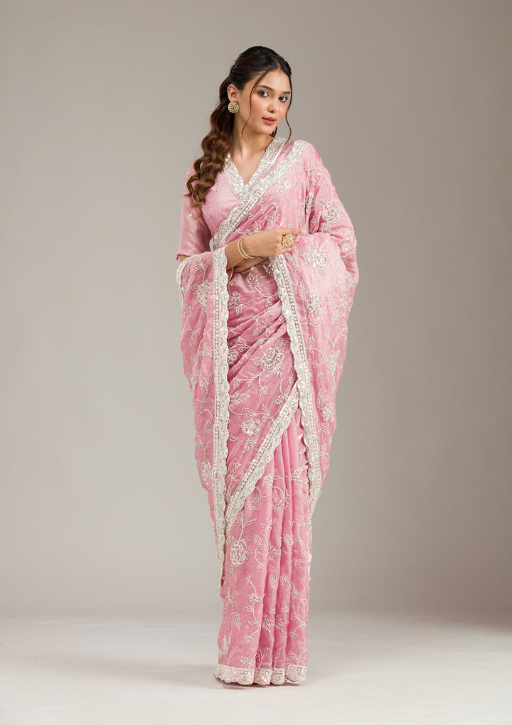 Baby Pink Tissue Cording Saree With Matching Blouse Piece