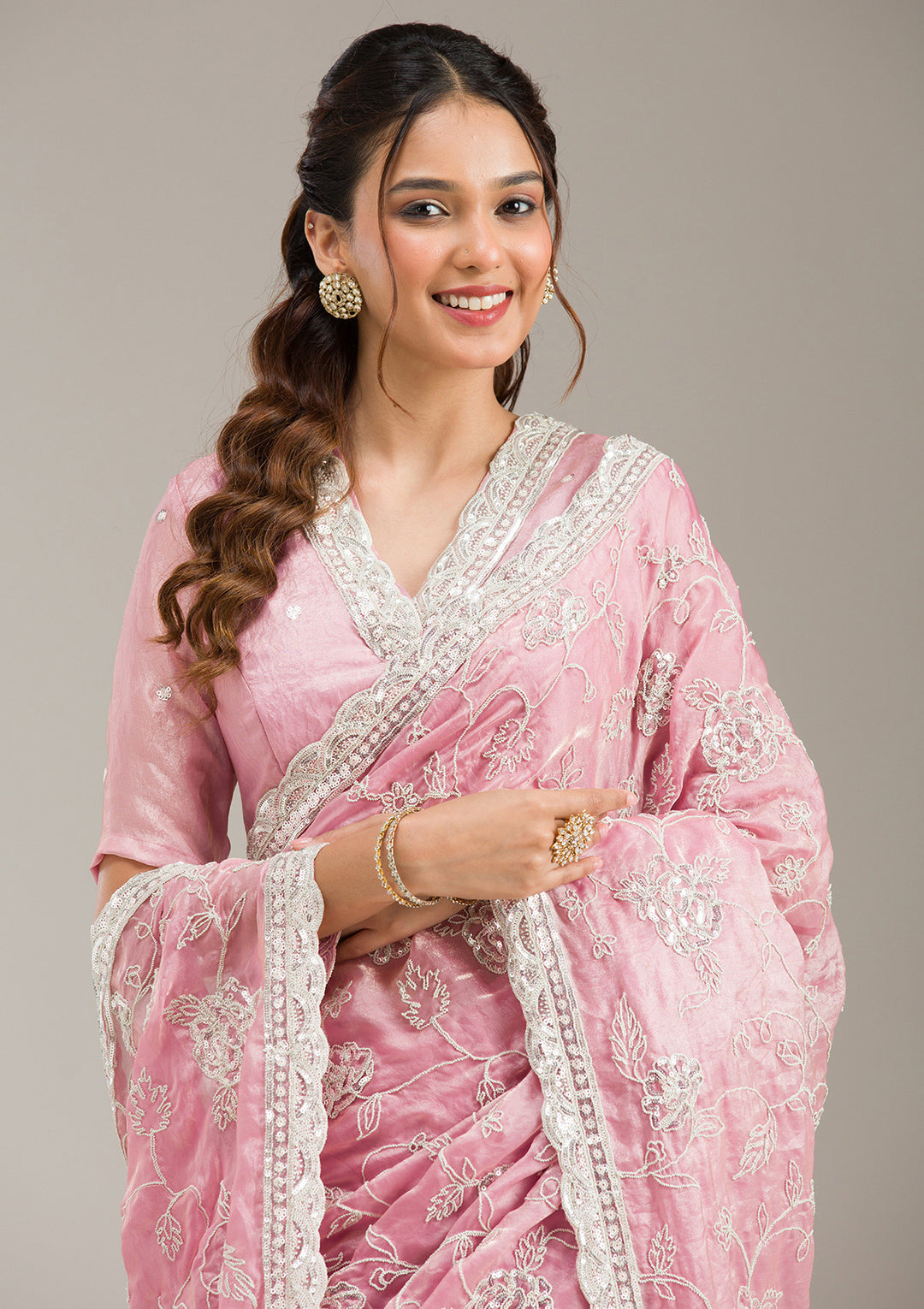 Baby Pink Tissue Cording Saree With Matching Blouse Piece