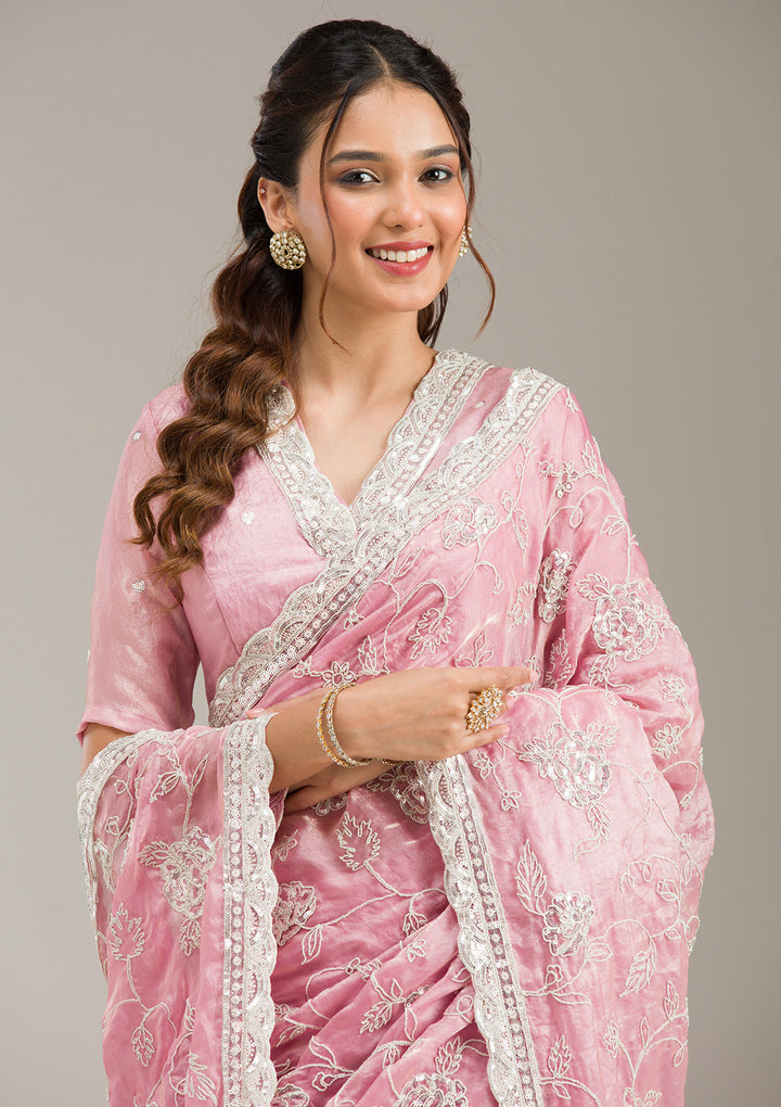 Baby Pink Tissue Cording Saree With Matching Blouse Piece