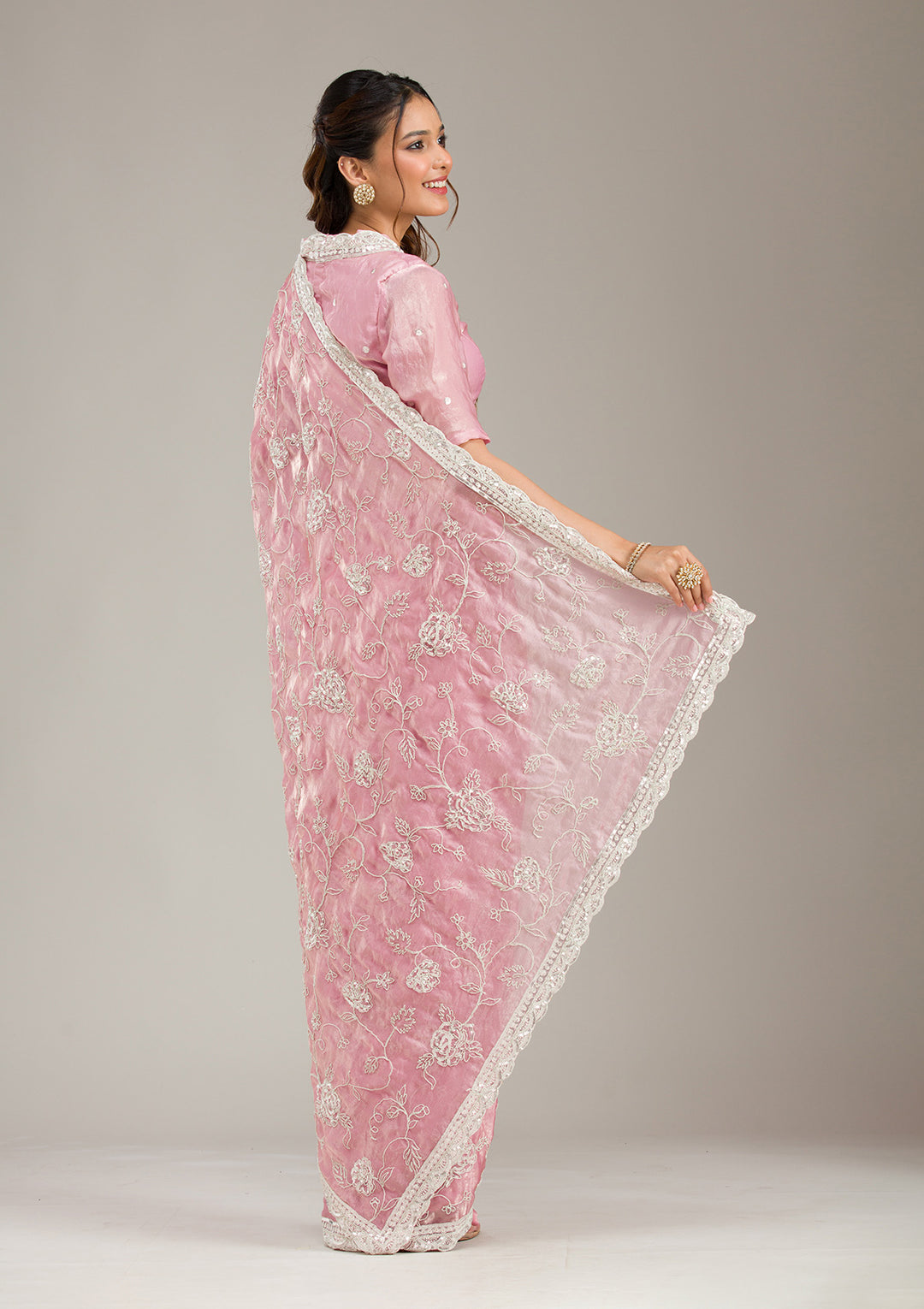 Baby Pink Tissue Cording Saree With Matching Blouse Piece