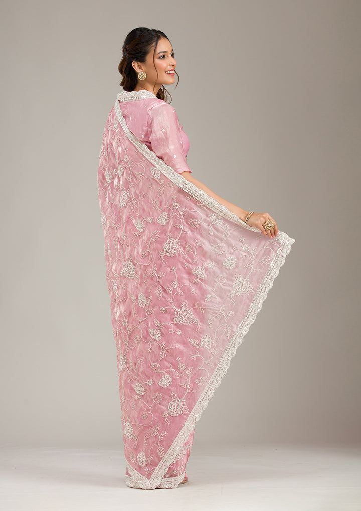 Baby Pink Tissue Cording Saree With Matching Blouse Piece