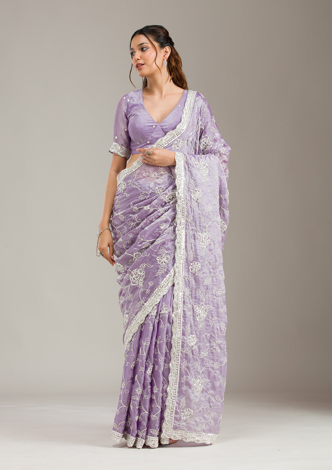 Lavender Tissue Cording Saree With Matching Blouse Piece