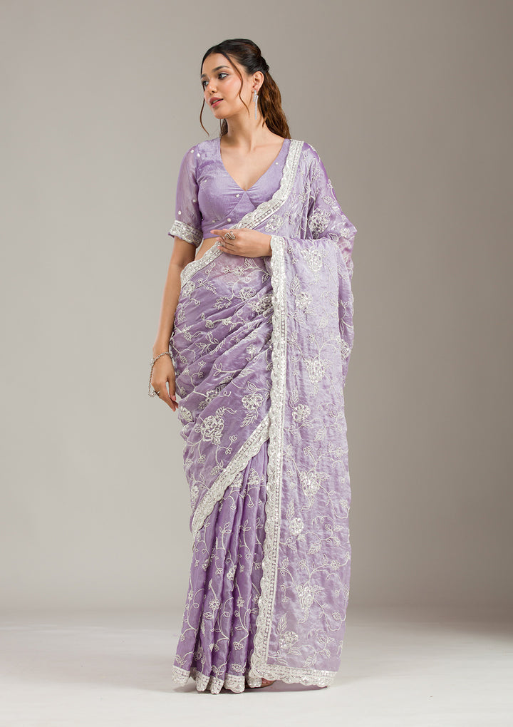 Lavender Tissue Cording Saree With Matching Blouse Piece
