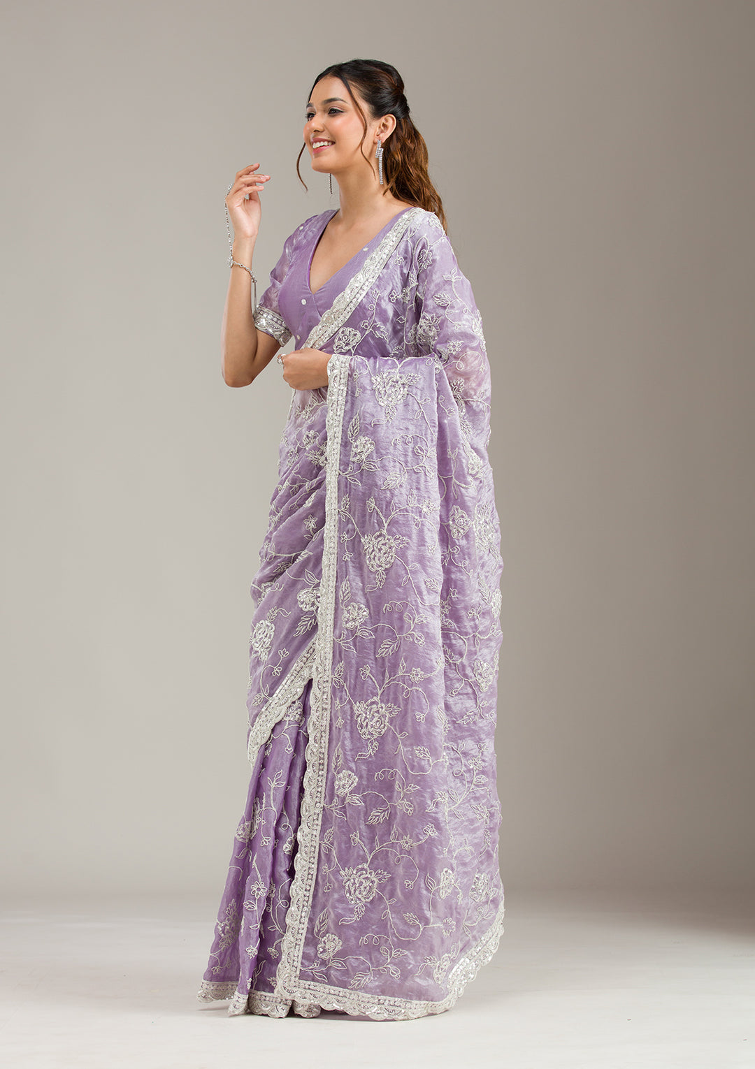 Lavender Tissue Cording Saree With Matching Blouse Piece