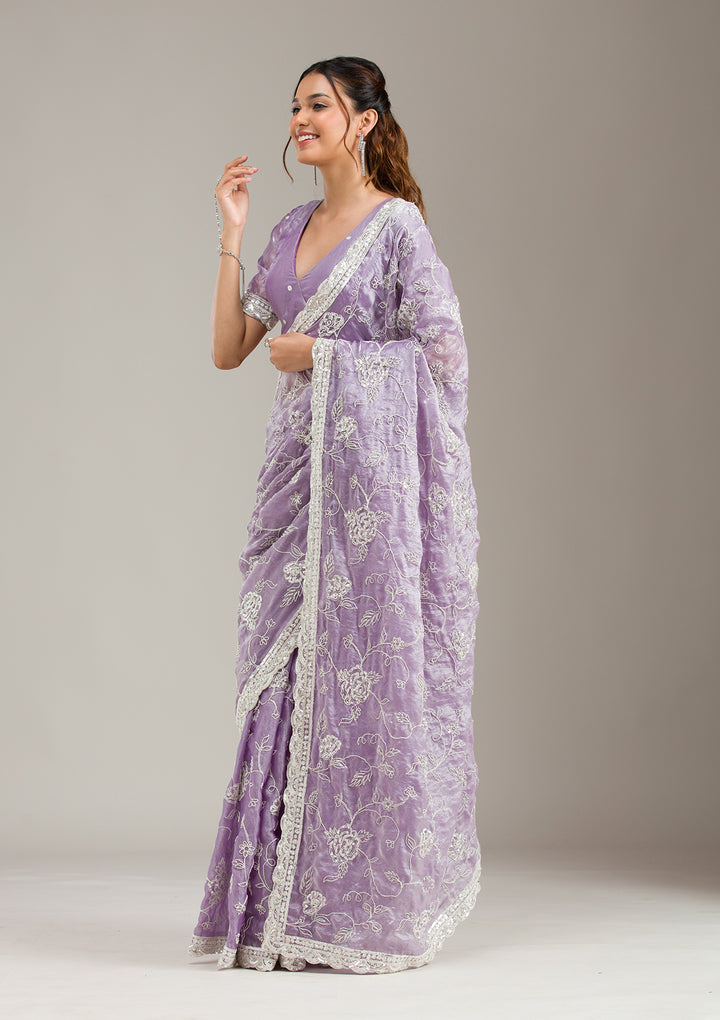 Lavender Tissue Cording Saree With Matching Blouse Piece