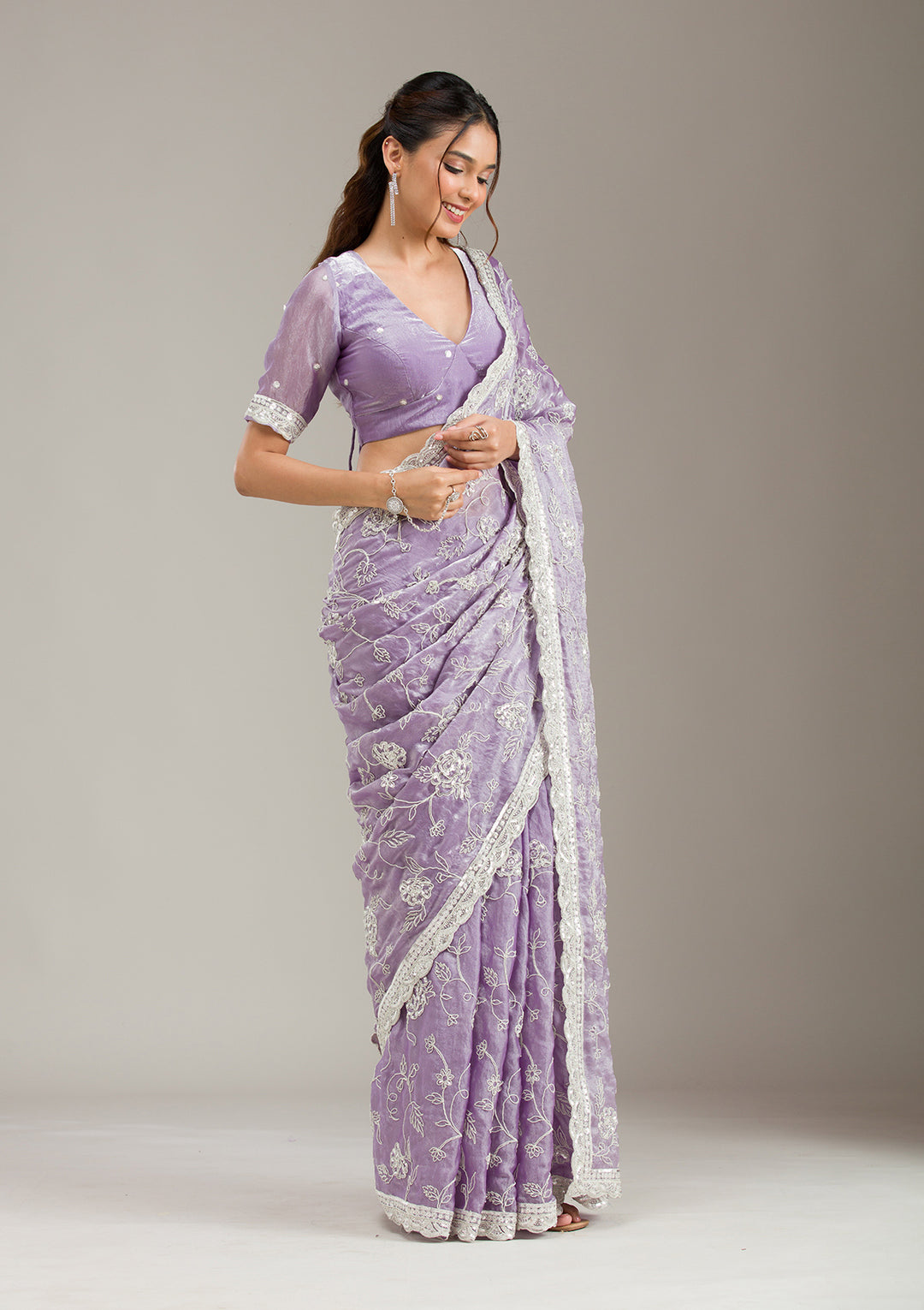 Lavender Tissue Cording Saree With Matching Blouse Piece