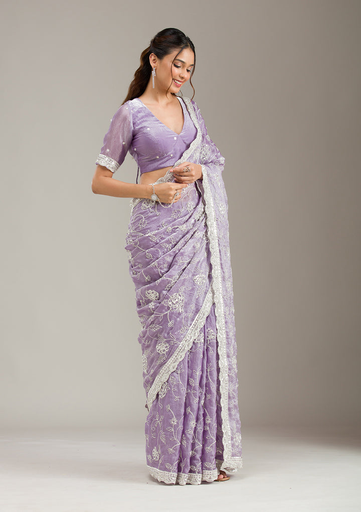 Lavender Tissue Cording Saree With Matching Blouse Piece